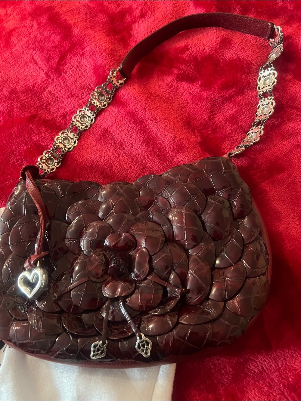 Brighton Quilted Floral Leather Shoulder Bag in Deep Wine